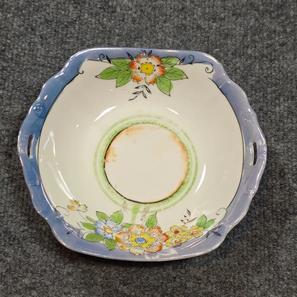 Vintage Made in Japan Floral Lusterware Porcelain Scalloped Square Handled Dish